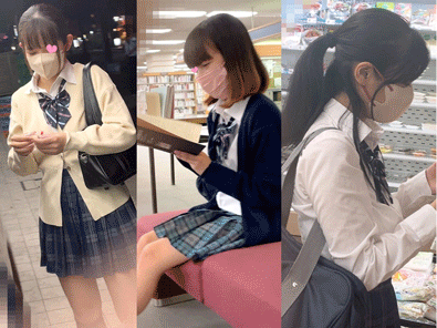 【25%OFF】3名分/青チェ逆さ撮り?ノーパンローアングル/オマンコ丸見えセット⑤【パンチラ盗●風】